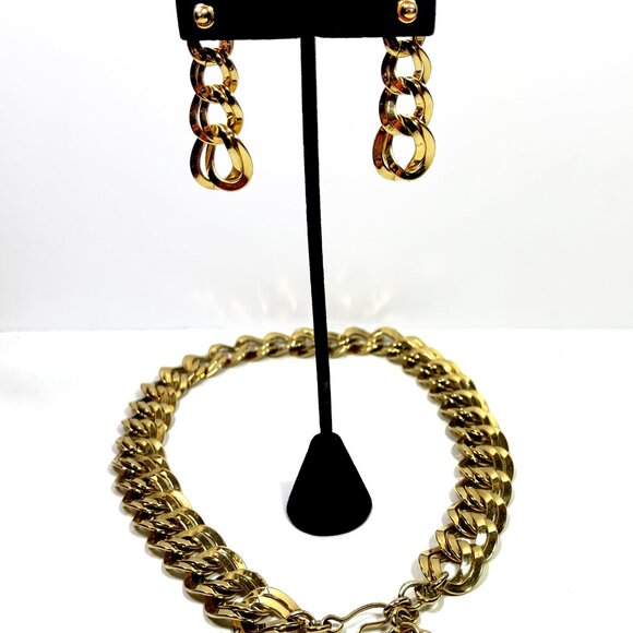 Vintage MONET Cuban Curb Double Chain Set Necklace Earrings Gold Tone Signed - Picture 9 of 10